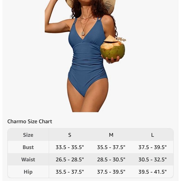 Charmo Women’s Monokini Tummy Control M Bathing High Cut Slate Blue Swimsuit New - Picture 3 of 3